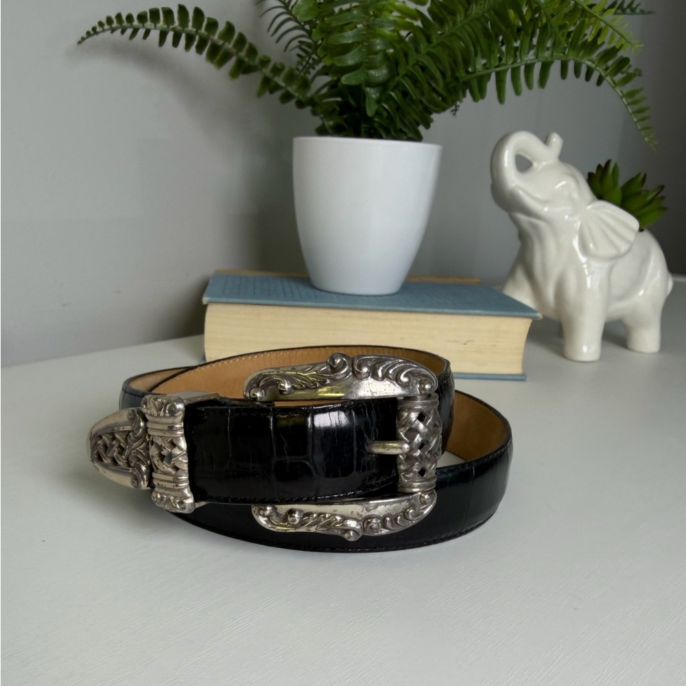 Vintage (1995) Brighton Black Leather Belt with Silver Buckle Sz M 44803